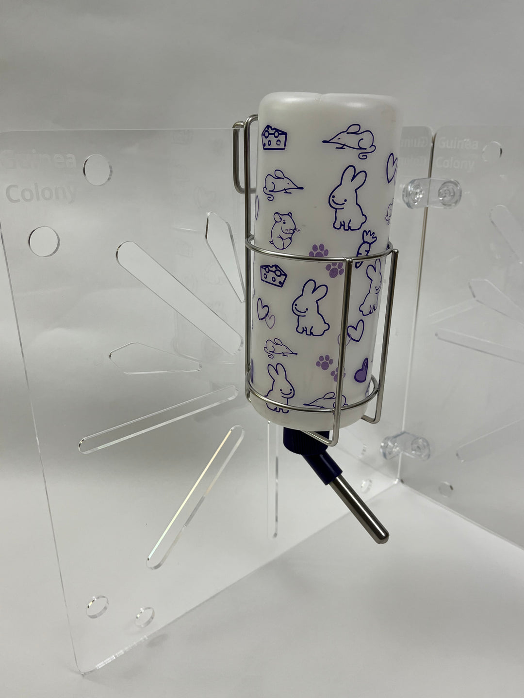 Our water bottle holder can fit most all guinea pig water bottles and can be hung on almost all guinea pig cage types.
