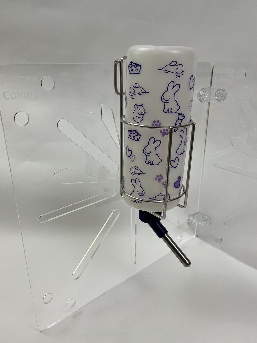 Our water bottle holder can fit most all guinea pig water bottles and can be hung on almost all guinea pig cage types.